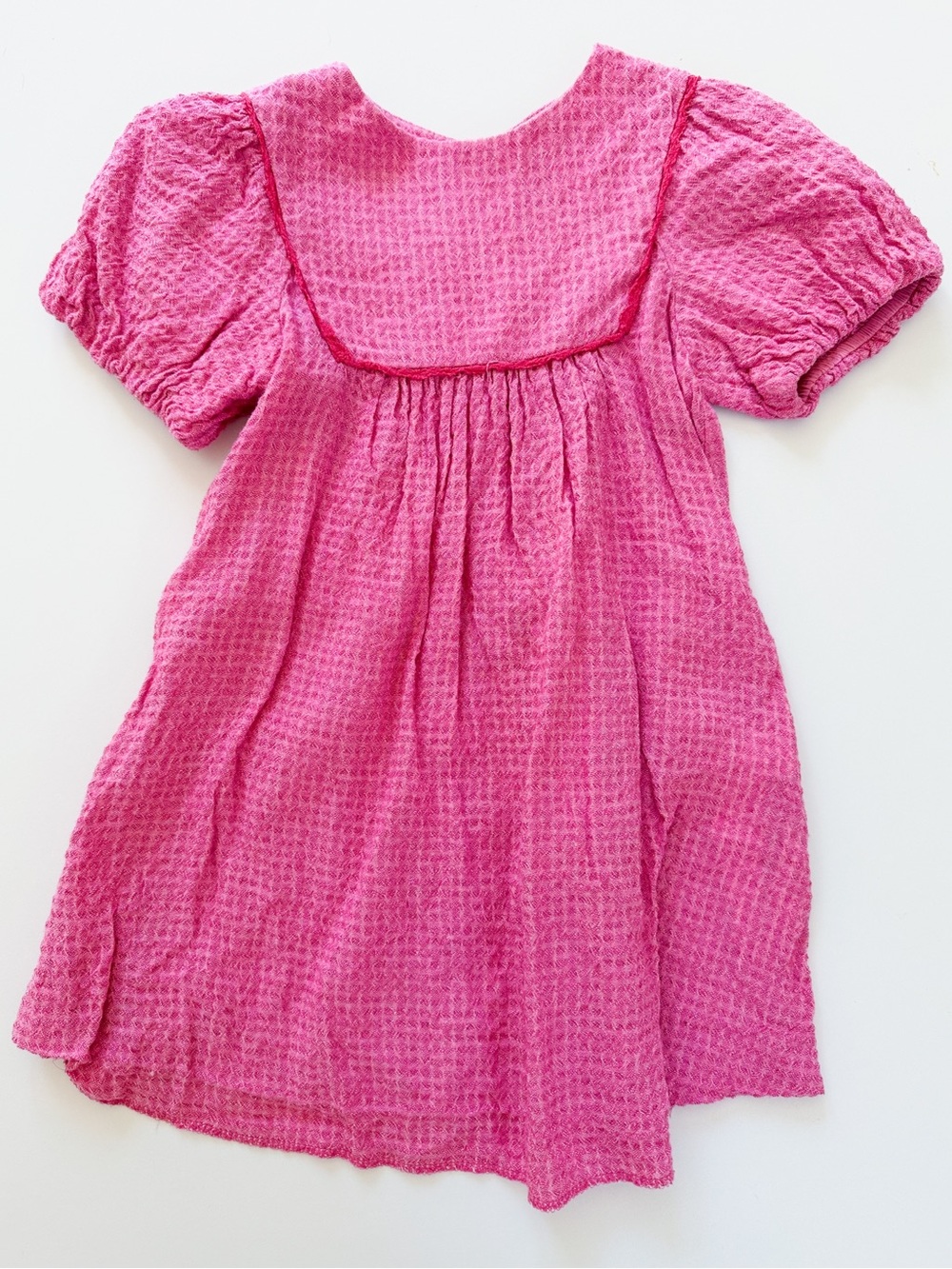 Zara Girls' Bright Pink Waffle-Knit Puff Sleeve Dress